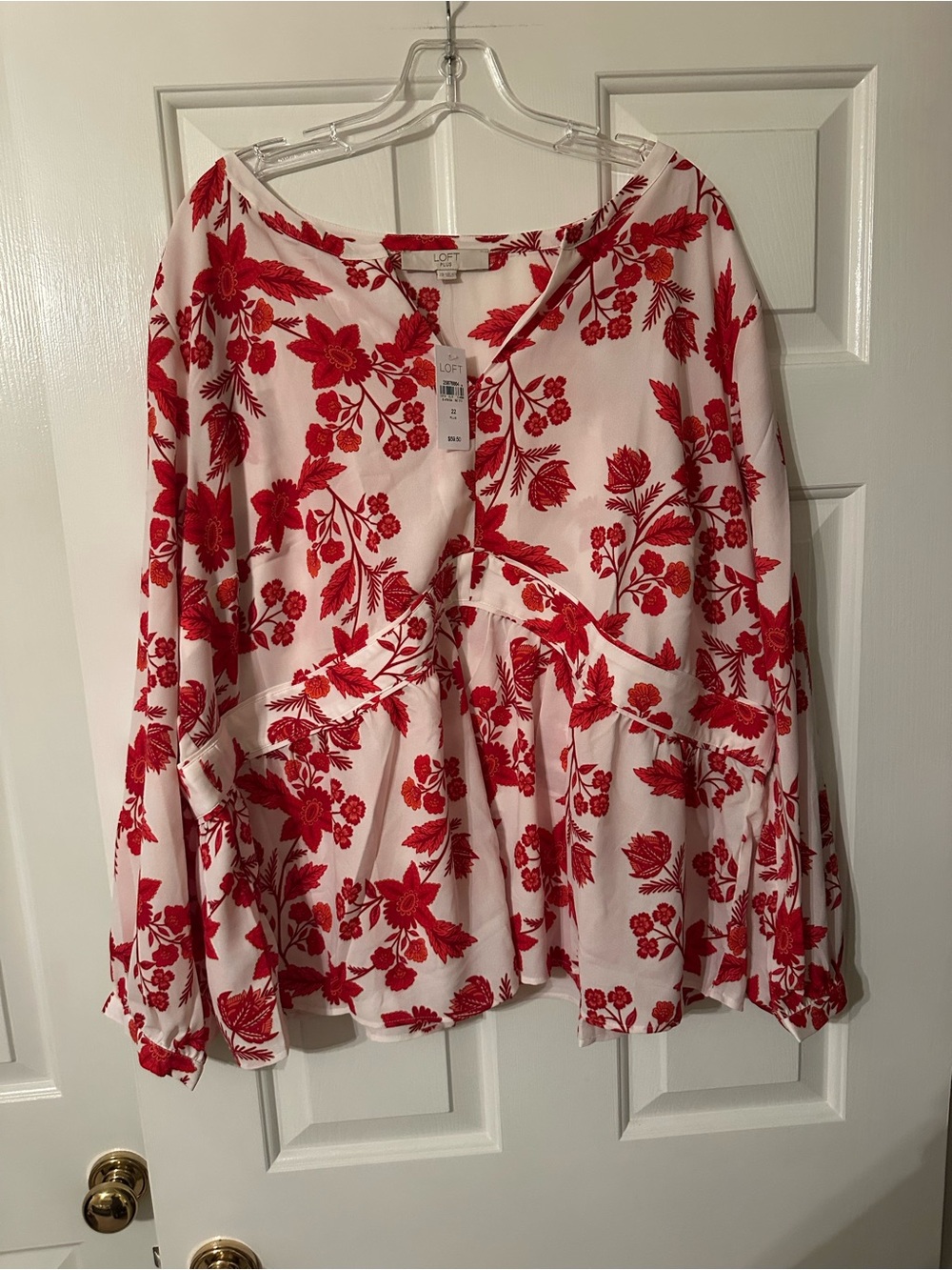 LOFT White Blouse with Red Floral Print Peplum